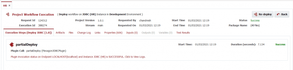 Deployment Details from the Project Workflow Execution Tab