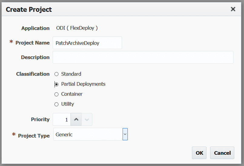 FlexDeploy's Create Project Setup Screen for ODI Partial Deployment