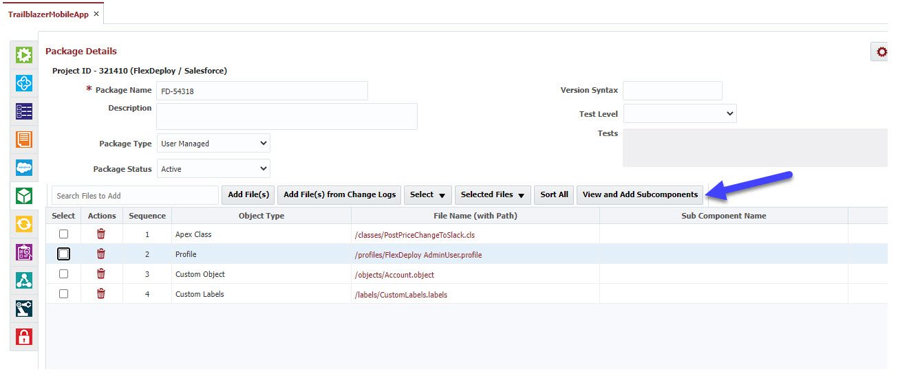 'View and Add Subcomponents' button in Package details