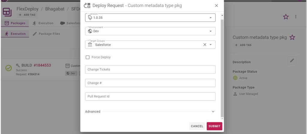 After the build is successful, click on the deploy icon to submit a deploy request. This deploys the custom metadata type to the destination Org.