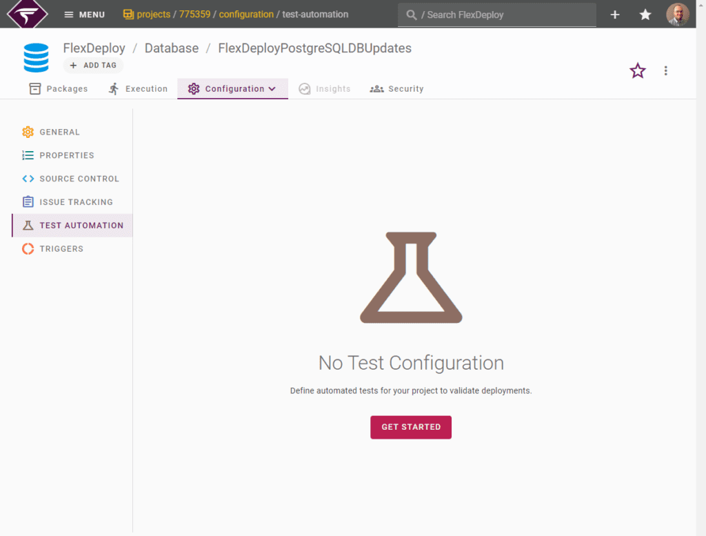 The Test Automation screen lets you assign or configure tests for a project. 